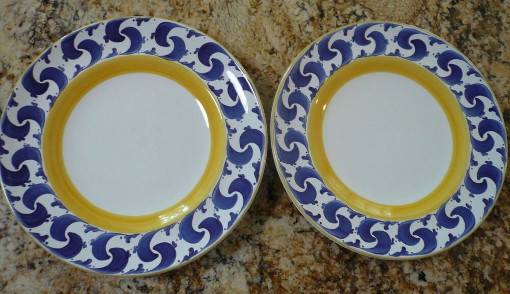 Herend Village Splash 2 Dinner Plates 10 7/8" Blue Yellow Hungary (A)